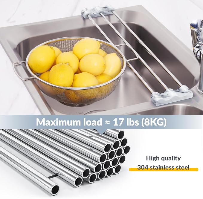 Tomorotec Adjustable Over-The-Sink Kitchen Rack for Dishcloths, Sponges, Bottles and Brushes - Heat-Resistant Stainless Steel with Slim, Expandable Design and Multifunctional Silicone Holder (Marble)