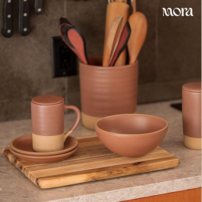 Mora Ceramic Kitchen Utensil Holder - Wooden Spoon & Spatula Crock for Countertop, Modern Farmhouse Home Decor, Large 7.3" Cooking Organizer for Stove Top and Counter - Heavy & Sturdy - Terracotta