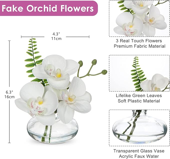 Oairse White Orchids Artificial Flowers Faux Orchids Arrangement in Clear Glass Vases Set of 3 Real Touch Phalaenopsis Orchid Flowers Small Fake Orchid Centerpiece for Dining Room Table
