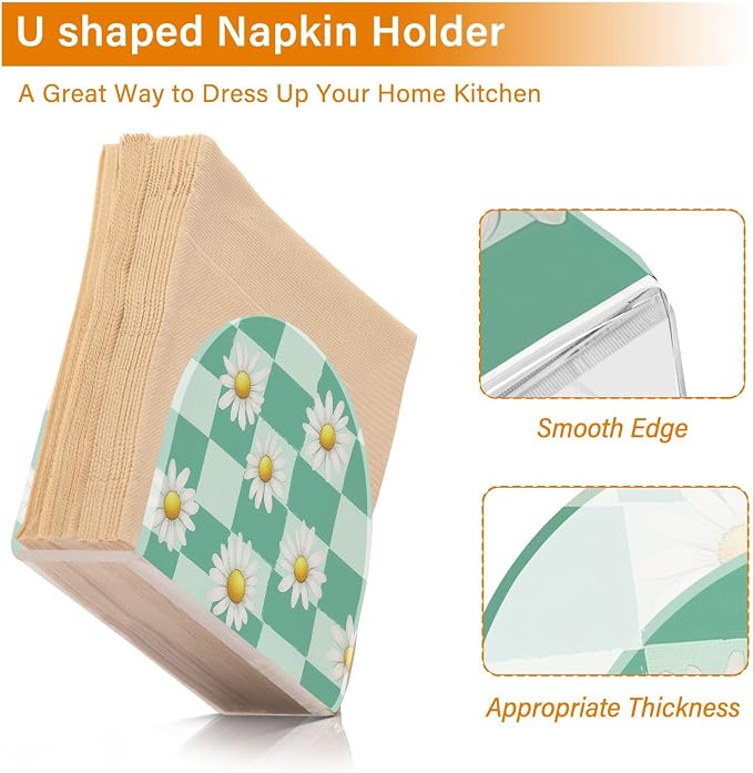 Fustylead Mint Green Checkered Daisy Flower Napkin Holder for Table Acrylic Vertical Napkin Holders for Paper Napkins Decor Napkin Dispenser for Home Party Dining Cocktail Kitchen Accessories
