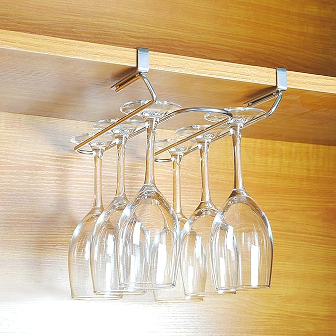 Hanging Wine Glass Rack Under Cabinet, Nail Free Stainless Steel Wine Glass Storage Hanger, Organizer for Bar Home & Kitchen Décor