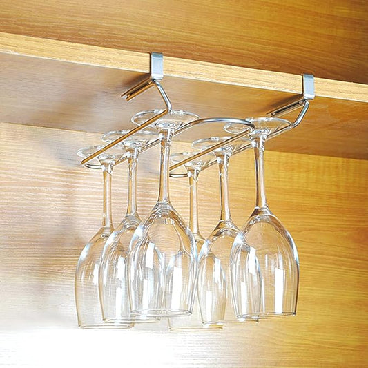 Hanging Wine Glass Rack Under Cabinet, Nail Free Stainless Steel Wine Glass Storage Hanger, Organizer for Bar Home & Kitchen Décor