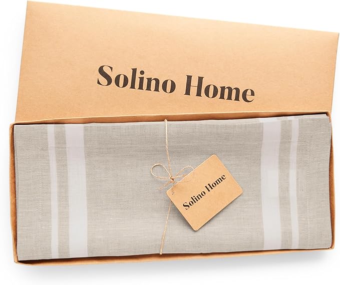 Solino Home Linen Table Runner 156 Inches Long - 100% Pure Linen White and Natural French Stripe Table Runner 14 x 156 Inch for Dining, Spring, Summer