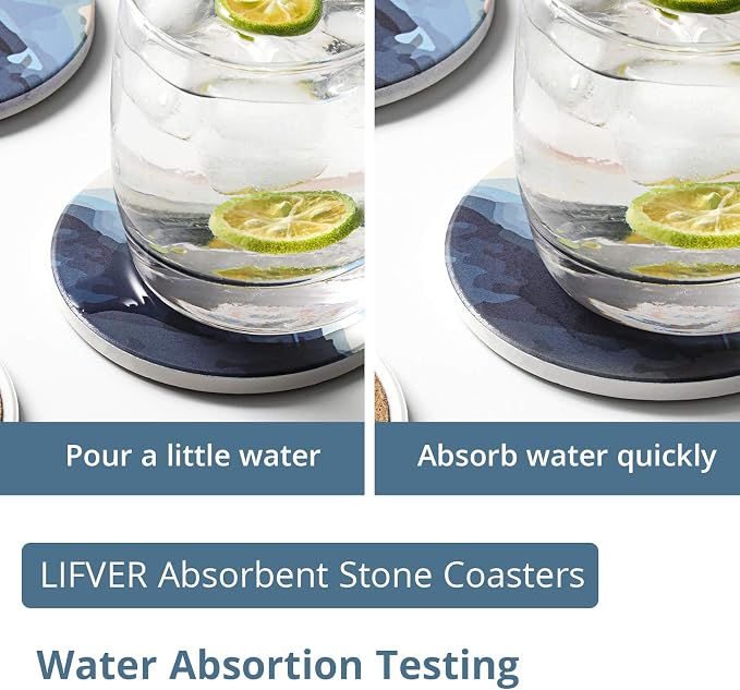 LIFVER Absorbent Drink Coasters with Holder, Set of 6 Ceramic Coasters Set with Cork Base, for Kinds of Drinking Glasses, 4 Inches Stone Coasters for Home Decor, White Elephant Gifts for Adults
