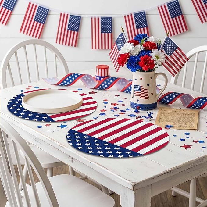 4th of July Round Placemats Set of 8 American Flag Place Mats Independence Day Woven Placemat Red White and Blue Star Stripes Circle Braided Table Mat for Kitchen Dining Table Party Decor 15 Inch