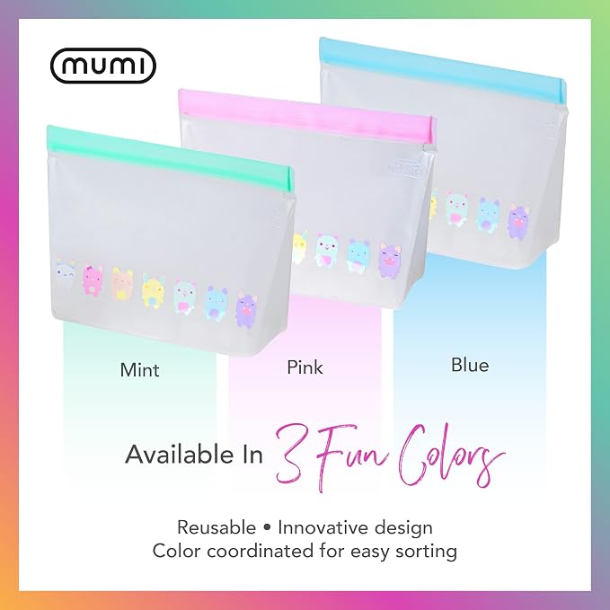 MUMI Piccolo Reusable Zip Up Bags – Set of 3 Silicone Ziplock Bags | Reusable Ziploc for Food Storage, Freezer, & Snacks | BPA-Free Airtight Silicone Storage for Travel & Meal Prep - Mint