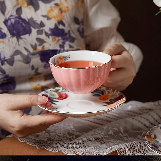 ONEUSTAR Tea Cup and Saucer Set for 1 Bone China English Tea Cup with Spoon Floral Teacup 8 oz British Coffee Latte Mug for Woomen Gifts, Pink