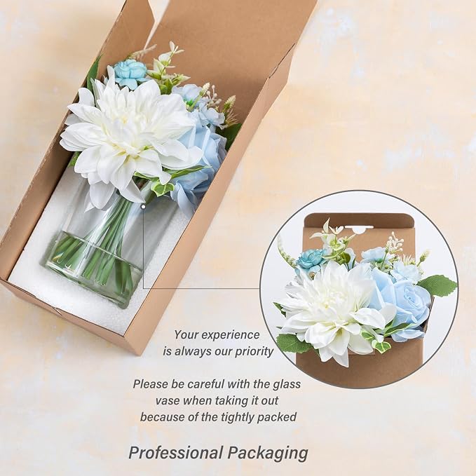 WELL KNOWN Artificial Flowers in Glass Vase with Fake Water, Silk Rose Dahlia Peony Flower Bouquet for Home Dining Coffee Table Office Hotel Wedding Party Lavatory Decor & Birthday Gift (Blue & White)