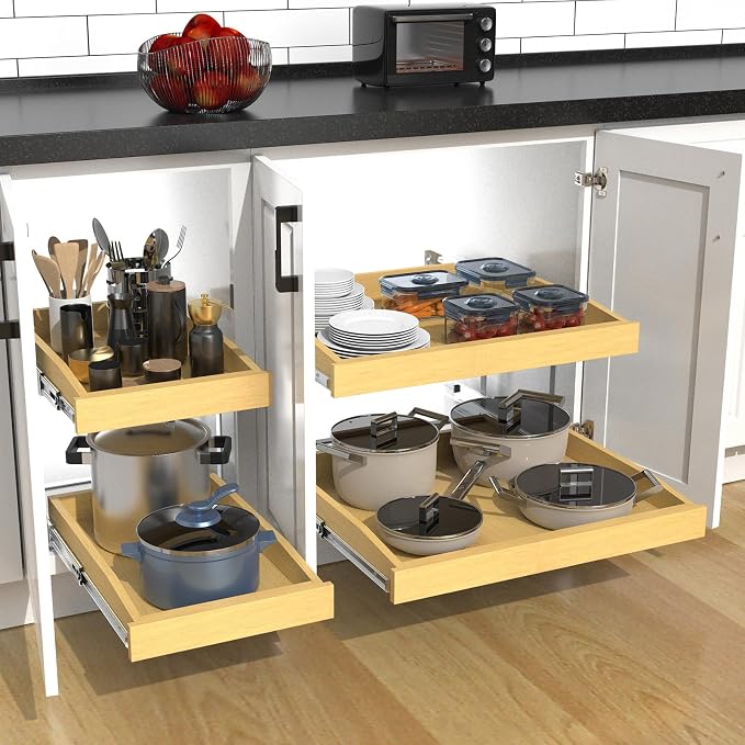 Wooden Soft Close Pull out Cabinet Organizer 26" D x 4.3" H, Heavy Duty Slide Out Drawers Pull-Out Home Organizers for Kitchen Cabinets (2 tier-26 * 21 in)