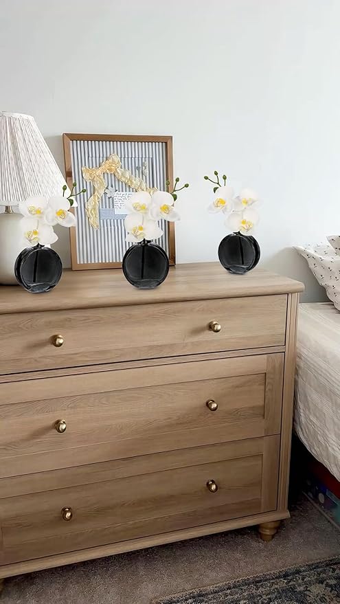 Oairse White Orchids Artificial Flowers Faux Orchids Arrangement in Black Glass Vases Set of 3 Real Touch Phalaenopsis Orchid Flowers Small Fake Orchid Centerpiece for Dining Room Table