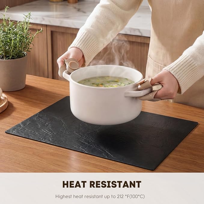 Artoid Mode Black Faux Leather Placemats Set of 4, 12x18 Inch Waterproof Wipeable Heat Resistant Vinyl Place Mats, Reversible Table Mats for Kitchen Dining Decor