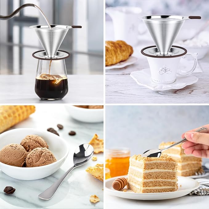 FACIACC Pour Over Coffee Dripper, Professional Stainless Steel Coffee Filter, Paperless and Reusable, Upgraded Double Micro Mesh Filter with Spoon and Silicone Tray, Cleaning Brush (1-2 Cup)