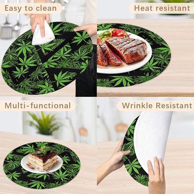 Round Placemats Set of 6, Green Marijuana Leaves Triangle Woven Placemats Mats Non-Slip Heat Resistant Washable Table Mats Round Braided Place for Farmhouse Kitchen Dining Party Decor 15in