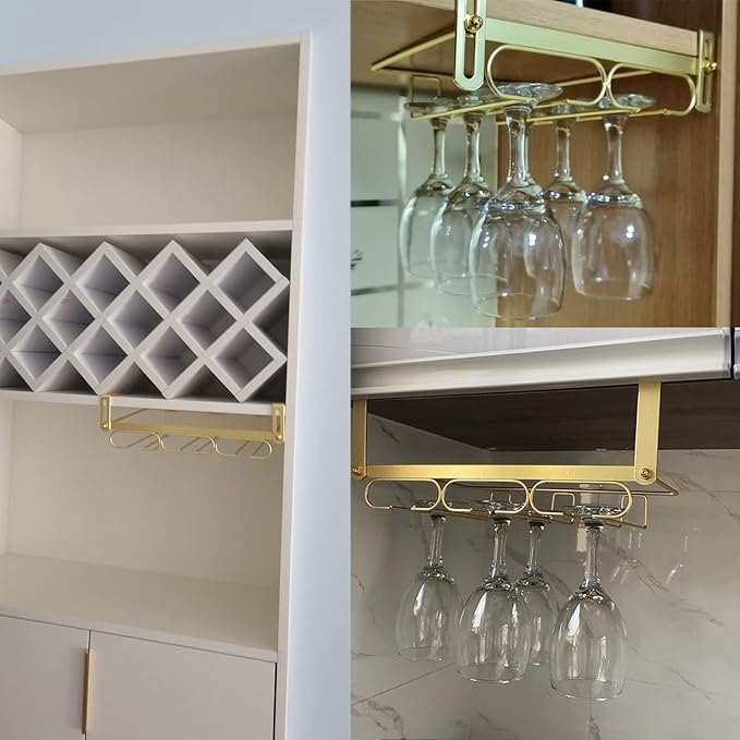 Hanging Wine Glass Rack Black Adjustable, Solid Iron Wine Glasses Hanger, Metal Under Cabinet Stemware Rack 3 Rows, 4 Rows, Convenient Storage And Space-saving