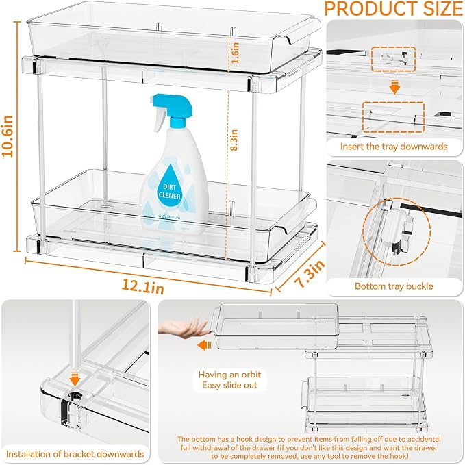 Yieach 4 Pack Under Sink Organizers and Storage,Clear Acrylic Bathroom Organizer and Cabinet Organization for Makeup,Medicine,Two Tier Pull Out Cabinet Organizer Drawers for Pantry,Vanity Storage Bins