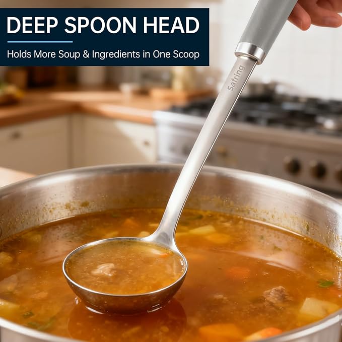 Safring Stainless Steel Soup Ladle and Spaghetti Spoon Set, Heat Resistant Rubber Handle, Dishwasher Safe, Kitchen Utensils for Cooking, Stirring, Serving Pasta, Soup & Sauce (Gray)