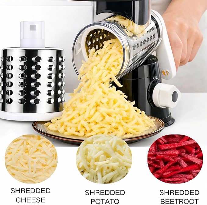 3-in-1 Rotary Cheese Grater, Hand Crank Shredder with 3 Interchangeable Blades for Cheese, Veggies, Nuts, Black