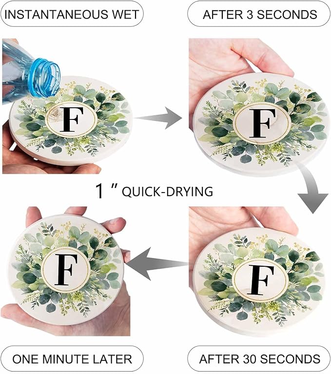Coasters Set of 4 Letter F Drink Coasters with Holder Absorbent Stone Ceramic Cup Mat Alphabet Green Eucalyptus Leaves Coaster for Drinks Coffee Bar Office Kitchen Cafe Home Decor