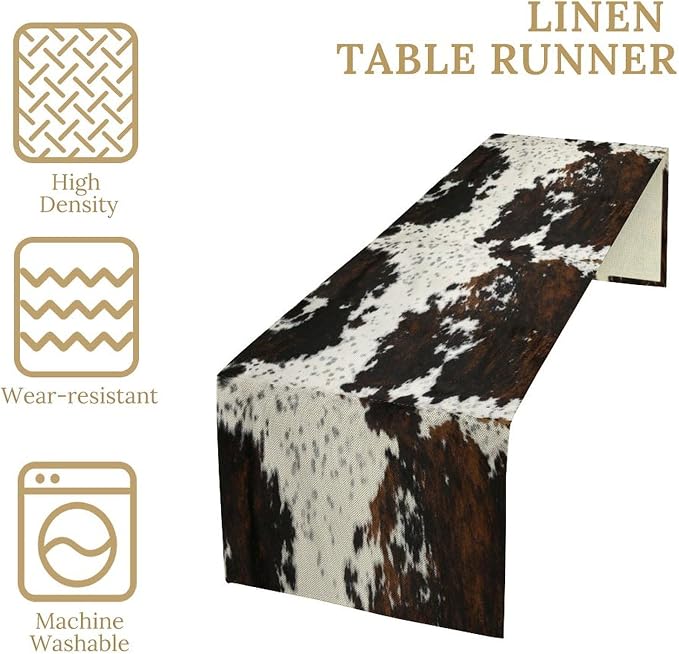 Cow Skin Print Table Runner, Cotton Linen Rustic Cottage Country Farm Animal Fur Skin Pattern Western Style Brown Cowhide Print Dinner Runner for Home Kitchen Dining Table Decoration 13x108 Inch