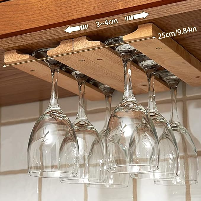 Woody Wine Glass Holder Rack 11 Inch Woody Hanging Wine Glass Holder Mounted Under-Cabinet Stemware Storage Rack with 8 Mounting Screws No Drilliing(4 rows 2 rows)