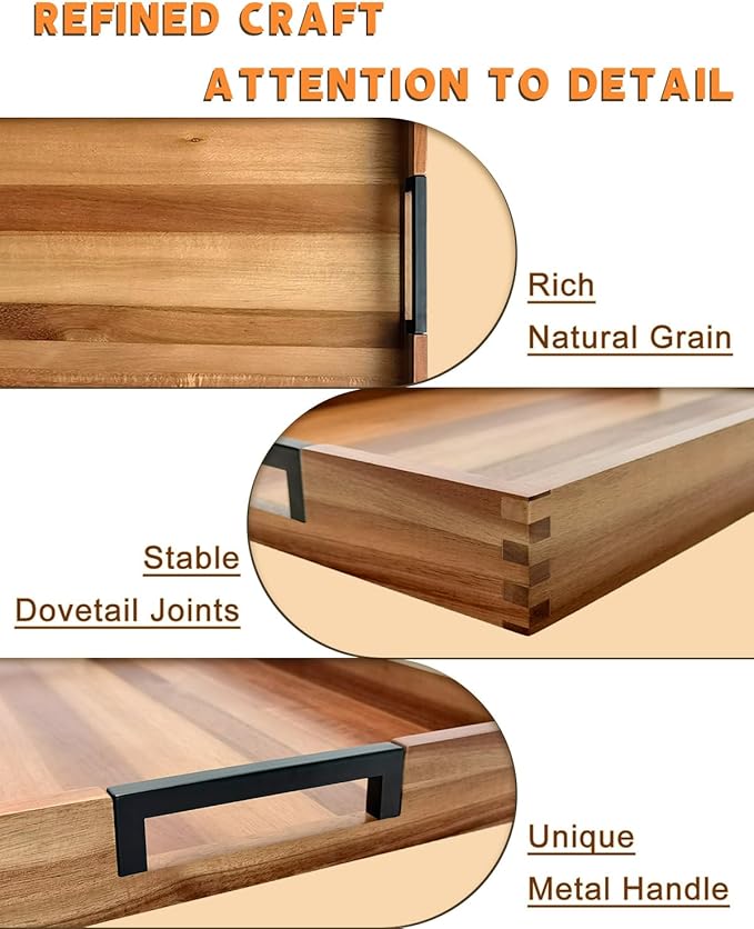 22" x 15.75" Acacia Wood Serving Tray with Metal Handles, Extra Large Wooden Rectangular Ottoman Tray for Living Room, Ottoman Coffee Table, Coffee Station