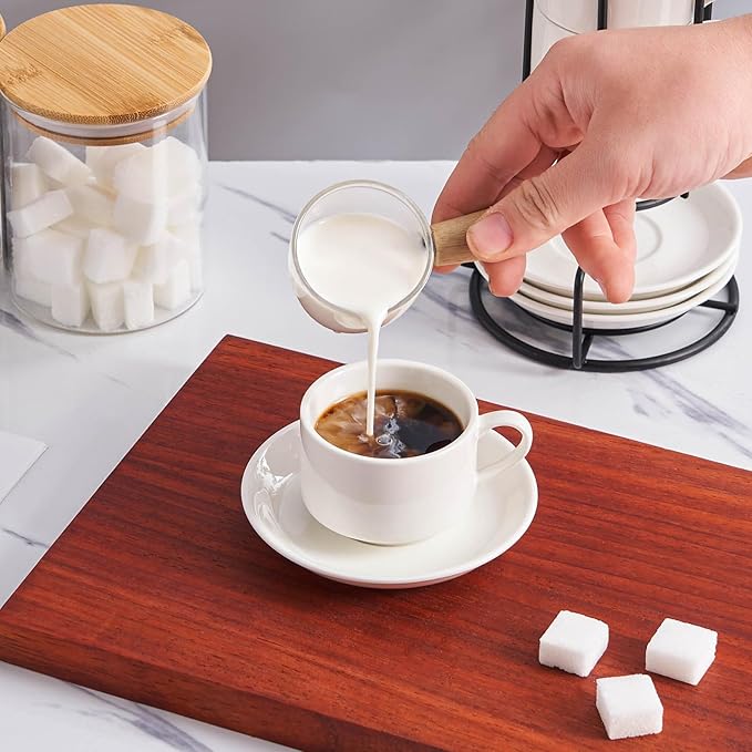 YOLIFE 2.5oz Espresso Cups Set of 4, Porcelain Stackable Espresso Cups with Saucers and Metal Stand, Expresso Shots Cup -White
