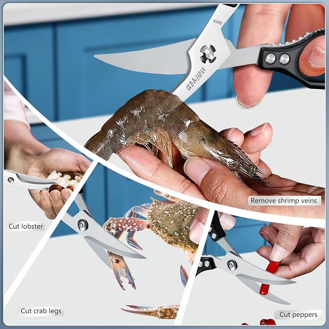 Huusk Black Multi-Purpose Seafood Scissors - Easy to Take Apart for Thorough Cleaning -Sharp Kitchen Shears with Oversized Handles for Less Strain - for Crab, Shrimp,Christmas Gift for Men and Women
