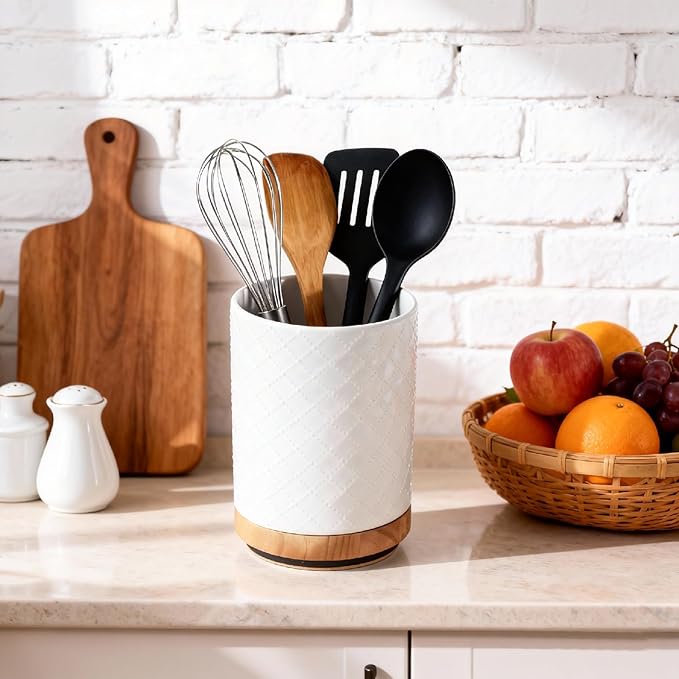 360° Rotating Kitchen Utensil Holder, 8.1" Large Utensil Crock, White Cooking Utensil Holder for Countertop with Countertop-Protection Cork Bottom for Farmhouse Kitchen Decor Christmas Gift
