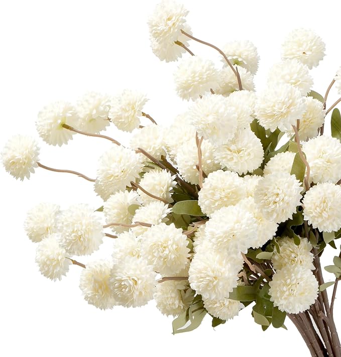 trytuny Fake Fall Flowers for Vase, Faux Silk Kiku Mums, Artificial Pom pom Floral Bouquets Indoor Centerpiece Office Coffee Table Boho Home Decorations (9, White)