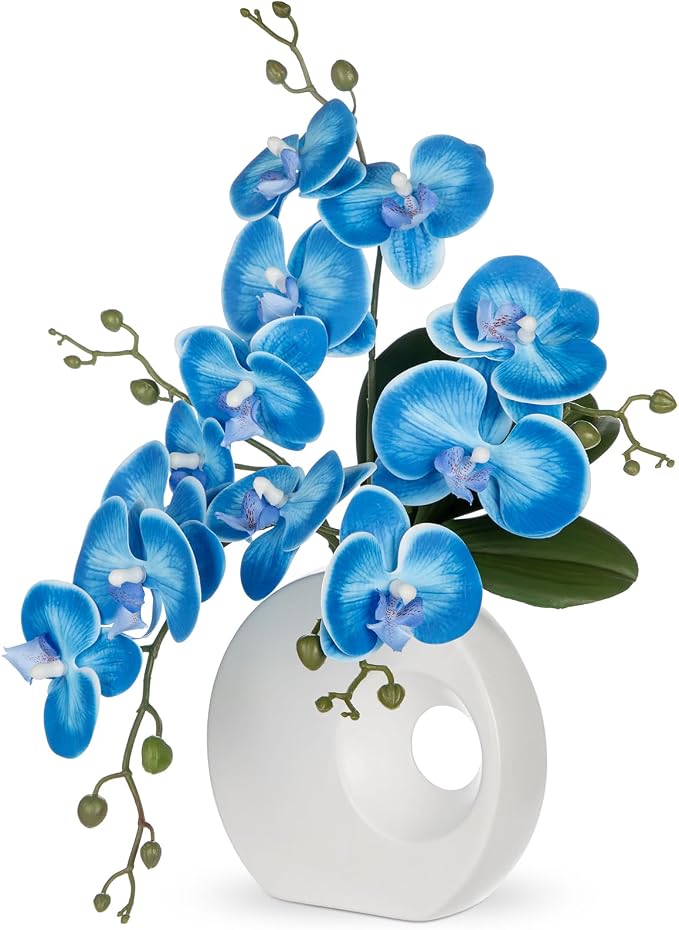 Briful Artificial Orchid Flowers in Modern Ceramic Vase 15.7" Tall Blue Faux Orchid Arrangement Silk Orchid Flower Fake Orchid Centerpiece for Home Office Room Wedding Table Décor