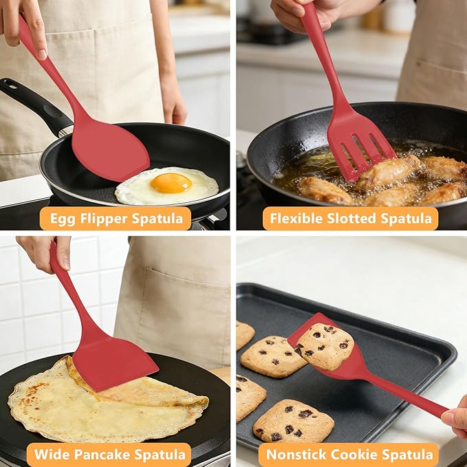 Pancake Silicone Spatula Set, Flexible Turner Spatulas for Flipping, BPA Free, Non Stick and Non Scratch Great for Egg, Fish, Burgers, Dishwasher Safe (4 Pack, Red)