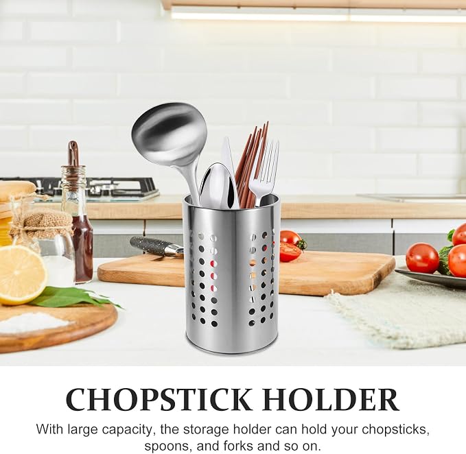 Unomor Stainless Steel Kitchen Utensil Holder with Drain Holes - 7.00 Inch Cutlery Organizer for Chopsticks Spoons & Forks - Countertop Storage for Kitchen Supplies