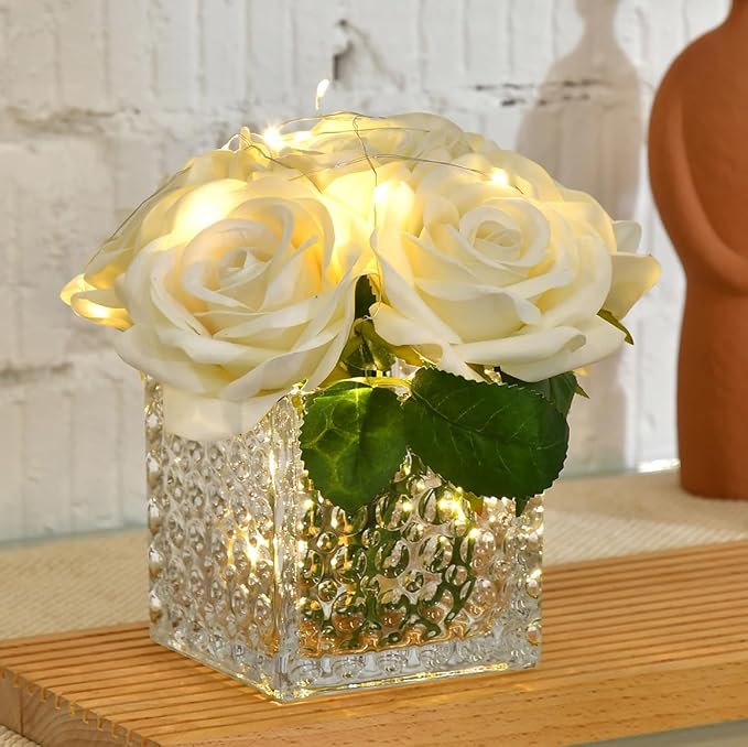 Fule Artificial Silk Rose Flower Centerpiece Arrangement in Glass Vase with LED Light for Home Wedding Decoration (Ivory)