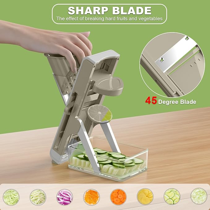 Eletronova Safe Mandoline Slicer for Kitchen, Vegetable Slicer with Container, French Fry Cutter, All in 1 Julienne Slicer for Potato, Thickness Adjustable, Detachable Blade, Dishwasher Safe（Grey-2）