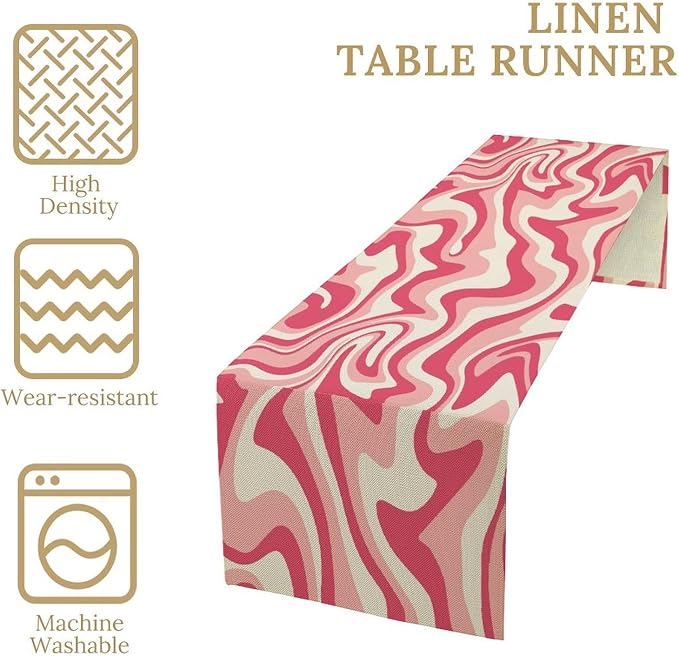 Aesthetic 70S Pink Table Runner Mid Century Abstract Wavy Swirl Cute Retro Boho Groovy Dinner Runner for Farmhouse Country Home Kitchen Dining Table Party 13x36in