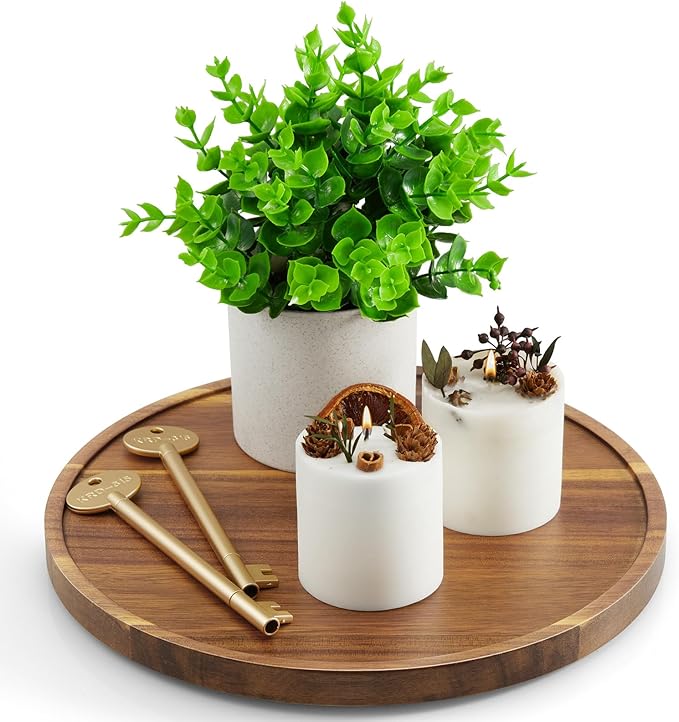 10 Inch Acacia Wood Round Tray, Wooden Decorative Coffee Table Tray Centerpiece Candle Holder for Farmhouse Kitchen Dining Room Home Bathroom Decor Coffee Table Decor and Accessories