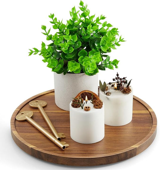 10 Inch Acacia Wood Round Tray, Wooden Decorative Coffee Table Tray Centerpiece Candle Holder for Farmhouse Kitchen Dining Room Home Bathroom Decor Coffee Table Decor and Accessories