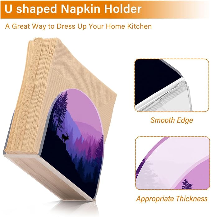 Napkin Holder Acrylic Cocktail Napkin Holder for Table Kitchen Party Restaurant Bar U Shaped Upright Napkin Dispenser Organizer Purple Stag Mountains and Forest