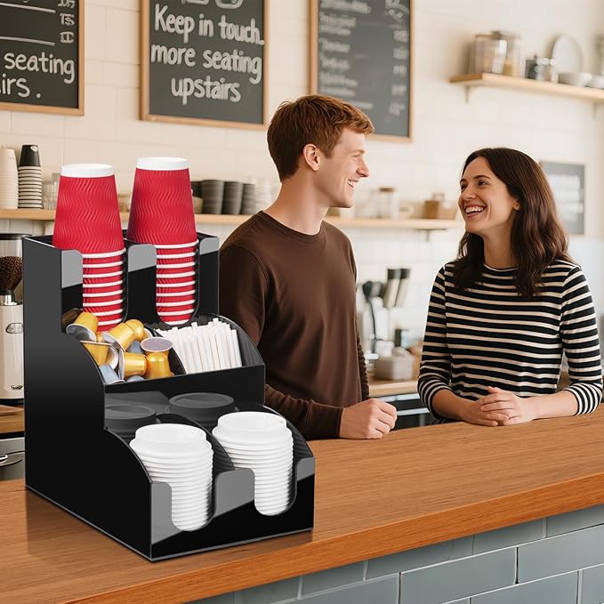 MYITYARD Coffee Station Organizer, 3-Tier Coffee Bar Accessories for Countertop, Acrylic Condiment and Cup Storage Organizer, 6 Compartments, Cup and Lid Holder for Pods, Syrup, Stirrer