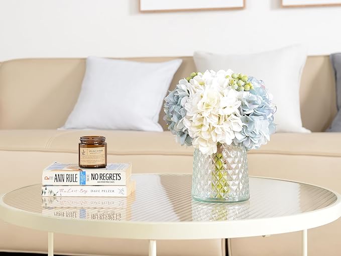 Wracra Hydrangeas Floral Arrangement in Glass Vase, Fake Flowers Silk Hydrangea Artificial Flowers with Vase for Home Office Decoration, Dining Table Centerpiece