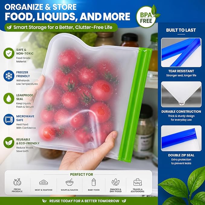 6-Pack Reusable Gallon Silicone Freezer Bags – Extra-Thick & Leakproof | BPA-Free, Eco-Friendly & Plastic-Free | Stand-Up Design | Perfect for Meal Prep, Marinating, Storing Meat, Vegetables & More
