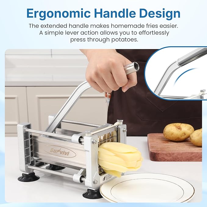 Commercial French Fry Cutter with 1/2 Inch & 3/8 Inch Blade, Heavy Duty Potato Slicer, Potatoes Cutter for Potatoes, Carrots, Cucumber, Onion, Yam, Stainless Steel