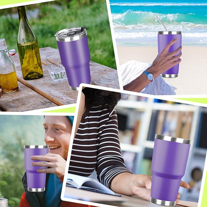 30 oz Tumbler with Lids and Straws Double Wall Vacuum Insulated Tumbler Cup,Stainless Steel Leak-proof Thermal Tumbler Powder Coated Travel Coffee Mug for Cold and Hot Drinks,Dark Purple