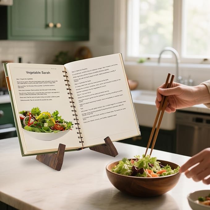 Wooden Cookbook Stand for Kitchen Counter, Rustic Recipe Book Holder, Cook Book Stand for Cooking, Farmhouse Book Display Stand for Cookbook, Tablet, Magazine, Kitchen Decor Gift for Mom