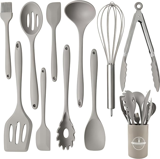Silicone Kitchen Utensils Set,10 PCS Cooking Kitchen Utensils Set, Nonstick Kitchen Utensils 446°F Heat-Resistant Cookware Kitchen Tools of Spoon,Brush,Whisk,Spatula,Turner Tongs(Khaki)