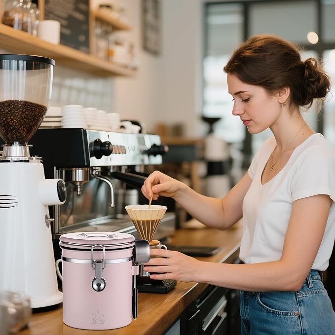 Bincoo Pink Coffee Canister, Large Stainless Steel Coffee Bean Storage Container with Date Tracker (800ML)