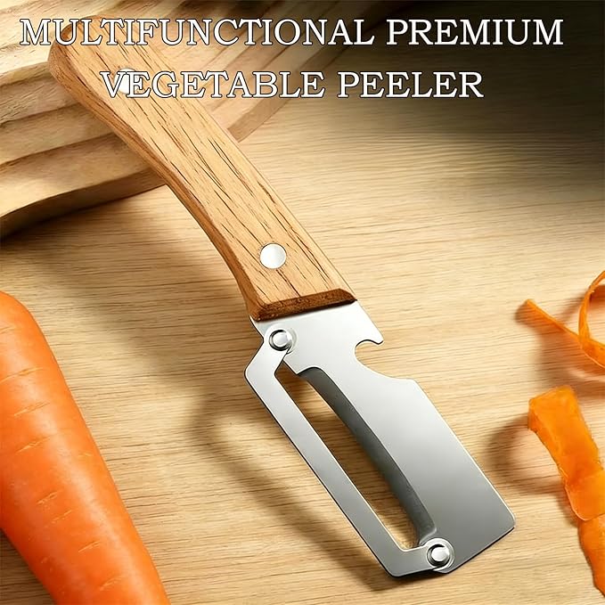 Multifunctional Vegetable Peeler with Wooden Handle and Bottle Opener, 2 in 1 Stainless Steel Blade Peeler for Kitchen, Specially Designed for Peeling Various Fruits and Vegetables (1pcs)
