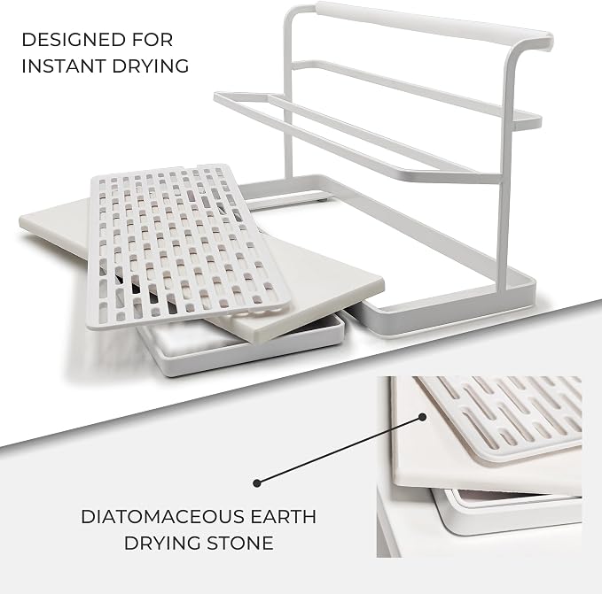 Selegna Diatomaceous Earth Bottle Drying Rack, Baby Bottle Drying Rack, Over Sink Instant Dry Small Dish Drying Rack & Bottle Dryer, Space Saving Narrow Two Tier Tower Water Bottle Drying Rack (White)