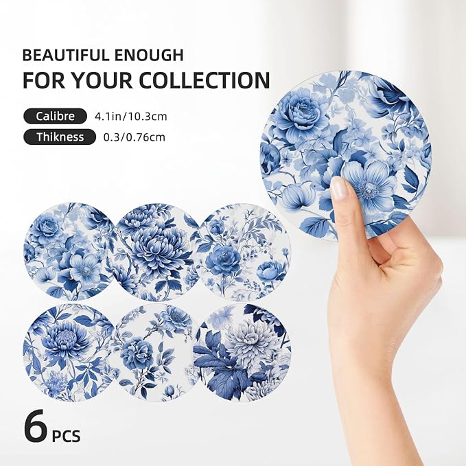 Coaster for Drinks Set of 6, Blue Vintage Spanish Ceramic Floral Absorbent Round Ceramic Stone Mat, with Cork Base and Metal Holder, Gift for Housewarming Room Bar Decor (Vintage Blue Floral-8)