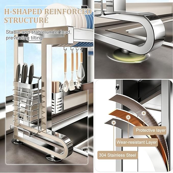304 Stainless Steel Over The Sink Dish Drying Rack, 1/2 Tier Multifunctional Countertop Dish Storage Rack Sink for Countertop Storage(Double Layer,76cm/29.9in)